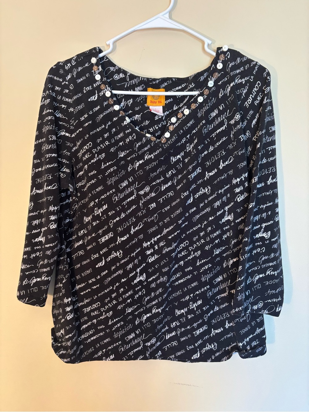 Ruby Rd. Black Script V-Neck Blouse with Pearl Accents